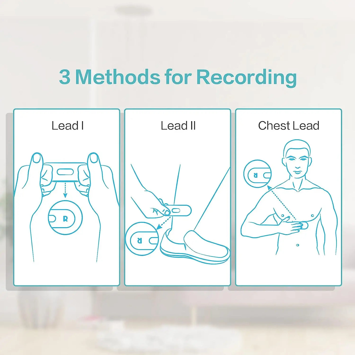 Illustration of 3 recording methods for Pocket ECG Monitor: Lead I, Lead II, and Chest Lead.