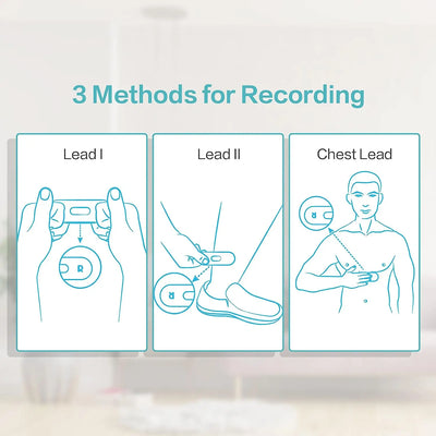 Illustration of 3 recording methods for Pocket ECG Monitor: Lead I, Lead II, and Chest Lead.
