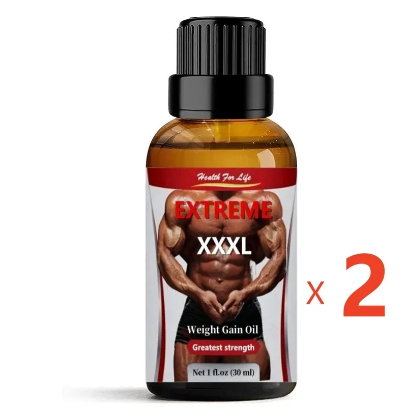 Anabolic weight gain oil bottle for quick muscle mass growth and maximum strength, 30 ml, health supplement.