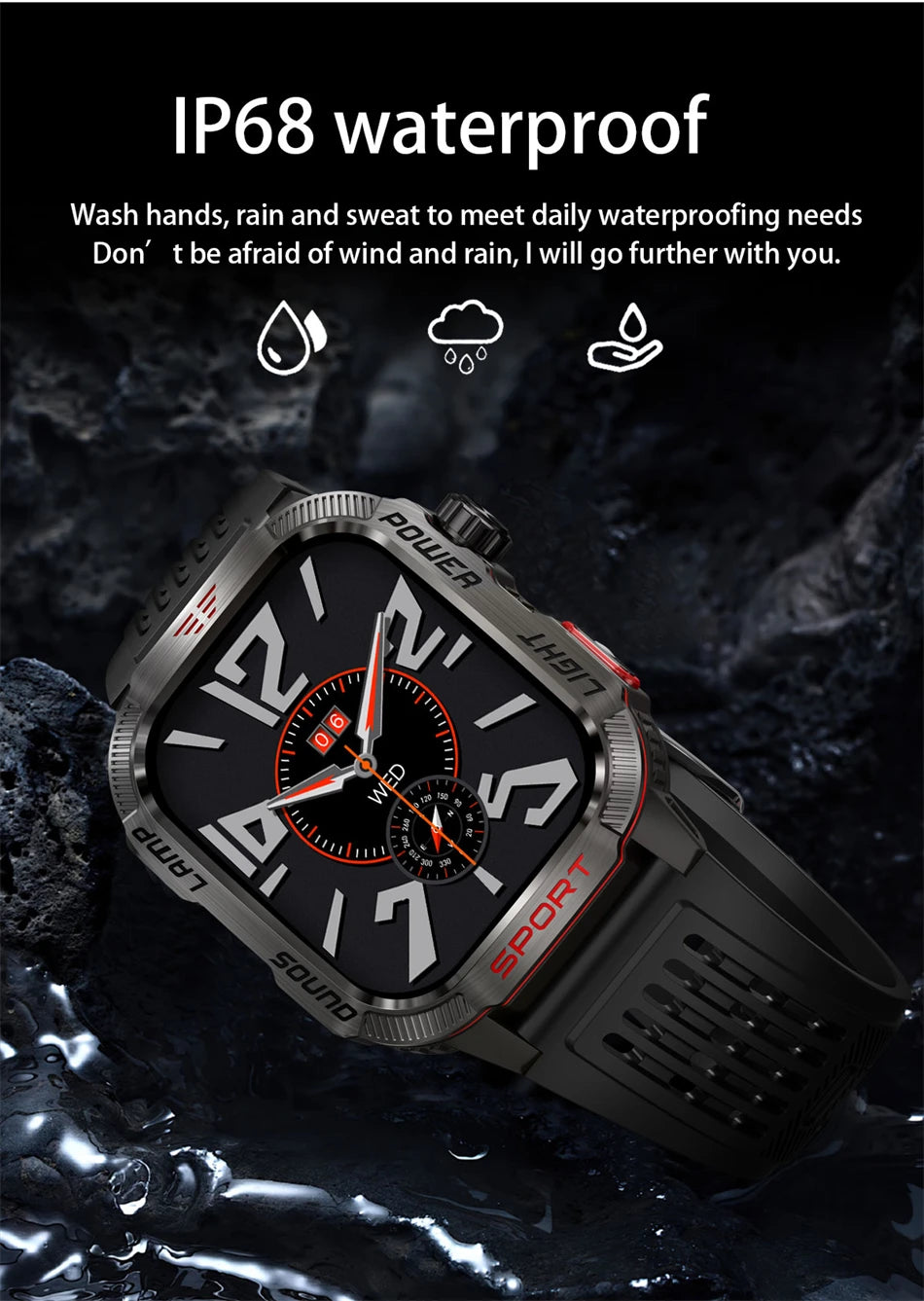 Military GPS smart watch with IP68 waterproof rating, perfect for outdoor sports and activities.