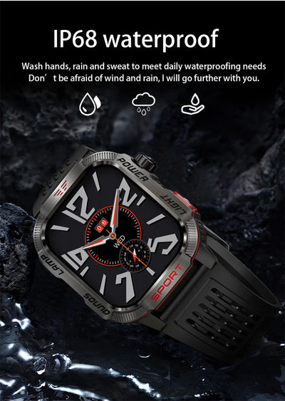Military GPS smart watch with IP68 waterproof rating, perfect for outdoor sports and activities.