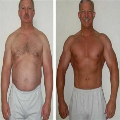 Before and after transformation showcasing muscle mass gain and strength improvement for fitness enthusiasts.