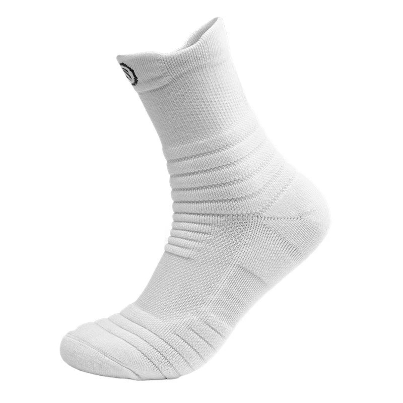 Elastic compression sports sock in white, breathable and comfortable for basketball and other sports, crafted from durable polyester.