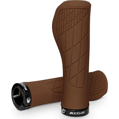BUCKLOS ergonomic lock-on bike handlebar grips in brown, made of soft rubber for comfort and control.