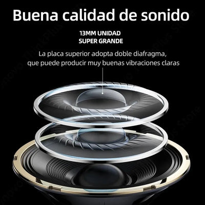 Diagram of a speaker showcasing a 13mm dual-diaphragm unit for superior sound quality and clear vibrations.
