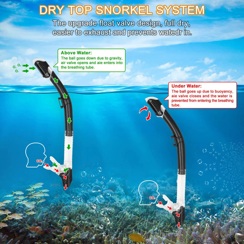 Illustration of a dry top snorkel system showing valve functions above and below water, ideal for scuba diving and snorkeling.