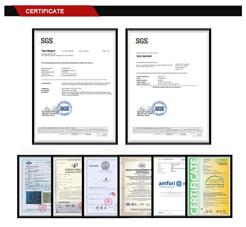 Certificates and test reports from SGS, validating product quality and compliance for the Custom Marathon Running Suit.