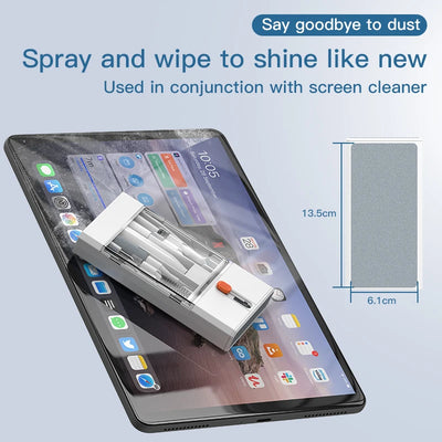 22-in-1 cleaning kit for iPhone, iPad, and digital devices shown cleaning a tablet screen with spray and wipe tools.