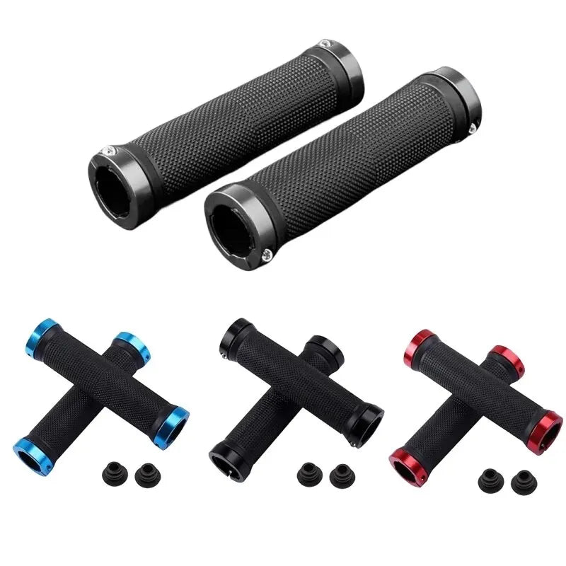 Non-slip rubber bike grips with double lock-on design, available in black, blue, and red for cycling comfort.
