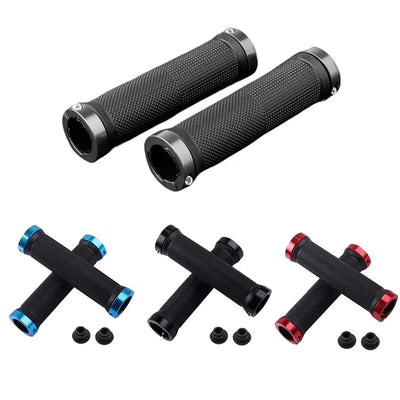 Non-slip rubber bike grips with double lock-on design, available in black, blue, and red for cycling comfort.