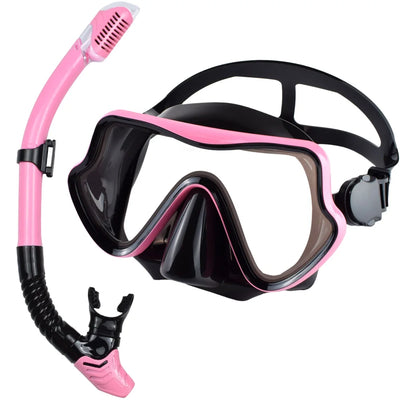Scuba diving mask and snorkel set for adults in pink, tempered glass, professional snorkeling gear.