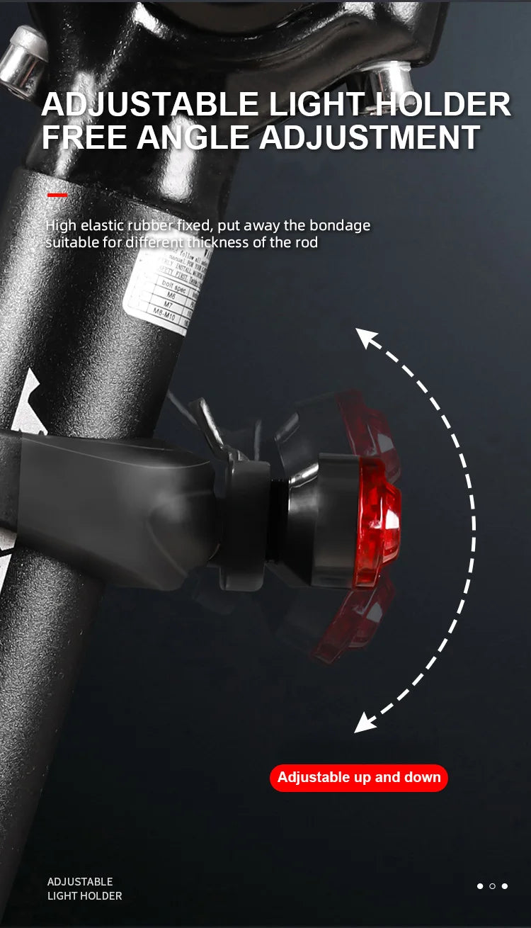 Adjustable light holder for USB rechargeable bike tail light with angle adjustment for cycling safety.