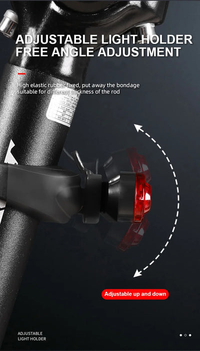 Adjustable light holder for USB rechargeable bike tail light with angle adjustment for cycling safety.