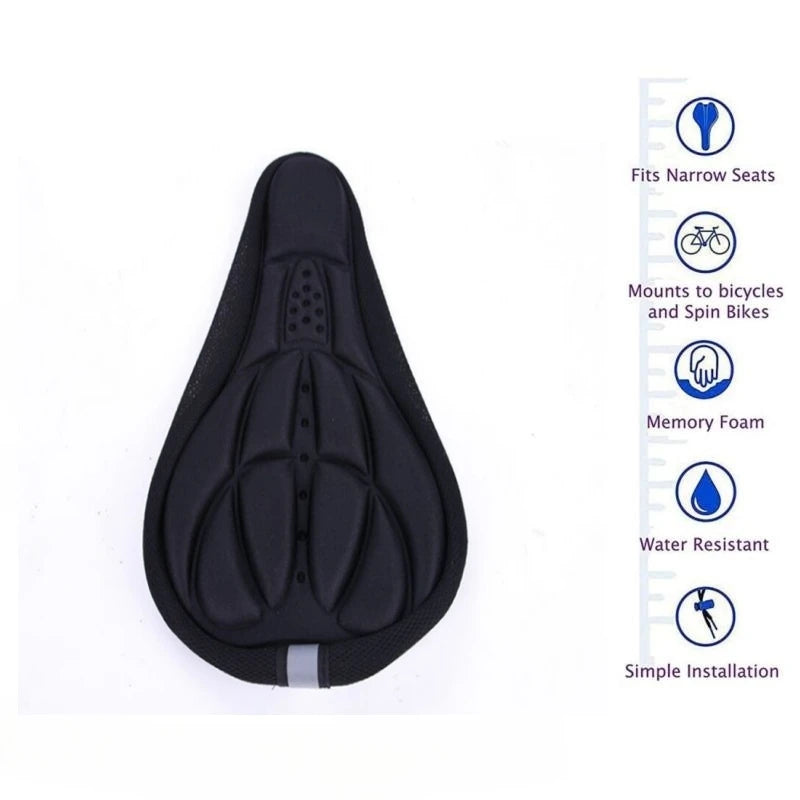 Padded bike seat cover in black, made of memory foam, fits narrow seats, water-resistant, simple installation for cyclists.