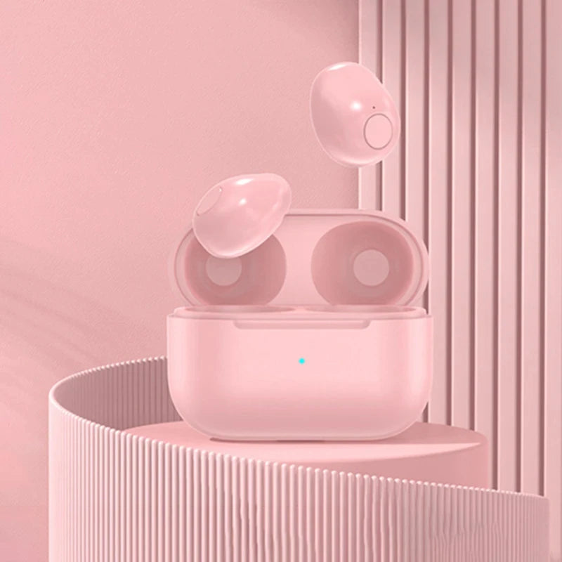 Mini invisible TWS earbuds in a pastel pink charging case, showcasing wireless sleep earphones with sleek design.