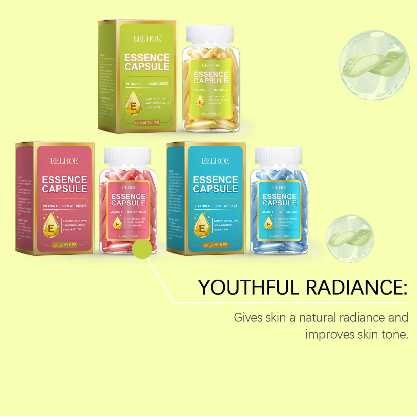 Vitamin E face essence capsules for moisturizing and improving skin tone, featuring youthful radiance benefits.