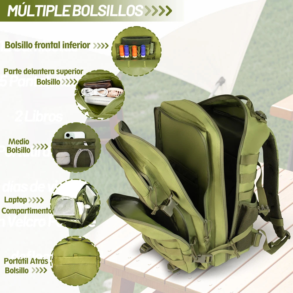 Tactical backpack with multiple pockets and compartments, ideal for hiking and outdoor activities.