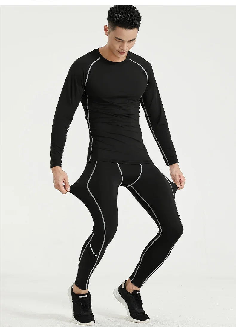 Men's compression sportswear set, black gym training suit with long sleeves and slim-fit pants.