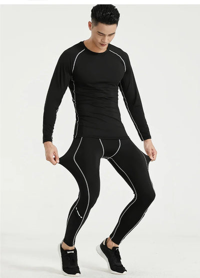 Men's compression sportswear set, black gym training suit with long sleeves and slim-fit pants.