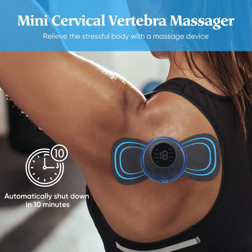 Mini Cervical Vertebra Massager on shoulder; promotes relaxation and relieves stress with automatic shut down feature.