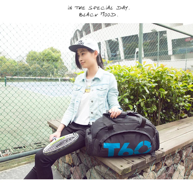 Young woman with a waterproof gym bag at an outdoor fitness area, ready for yoga and sports activities.