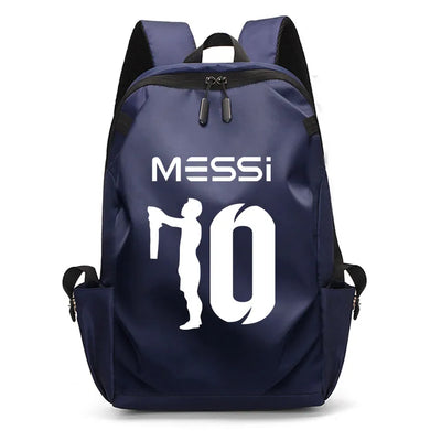 Navy blue MESSI backpack featuring player number 10, ideal for students and sports fans, unisex design, USB port.