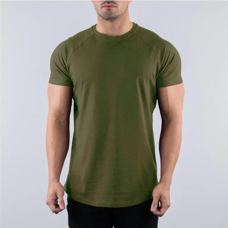 Men's plain summer cotton breathable short sleeve workout shirt in olive green for bodybuilding and fitness.