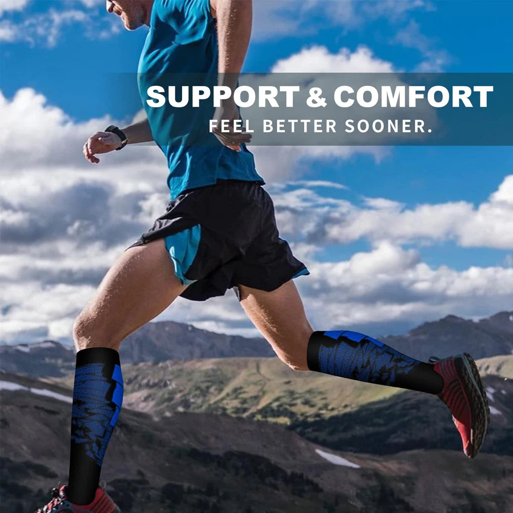 Man running in calf compression socks, emphasizing support and comfort for athletes.