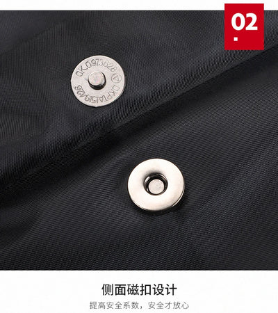 Close-up of magnetic button detail on a black fabric backpack, highlighting safety and quality design features.