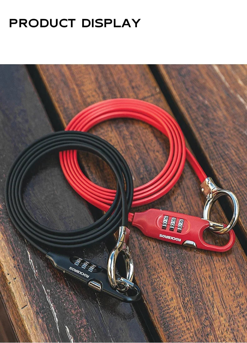 Product display of ROCKBROS high-security bike locks in black and red on a wooden surface.