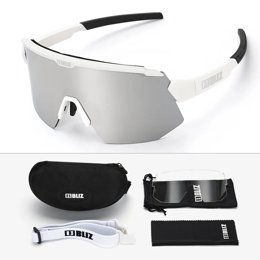 BLIZ Breeze polarized cycling glasses with UV protection, case, and accessories for MTB and road biking.