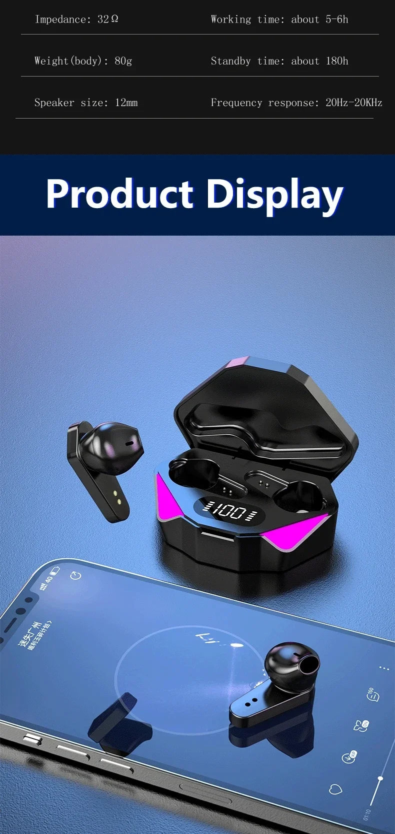 TWS Wireless Bluetooth Headphone with charging case displayed on smartphone, showcasing low latency features.