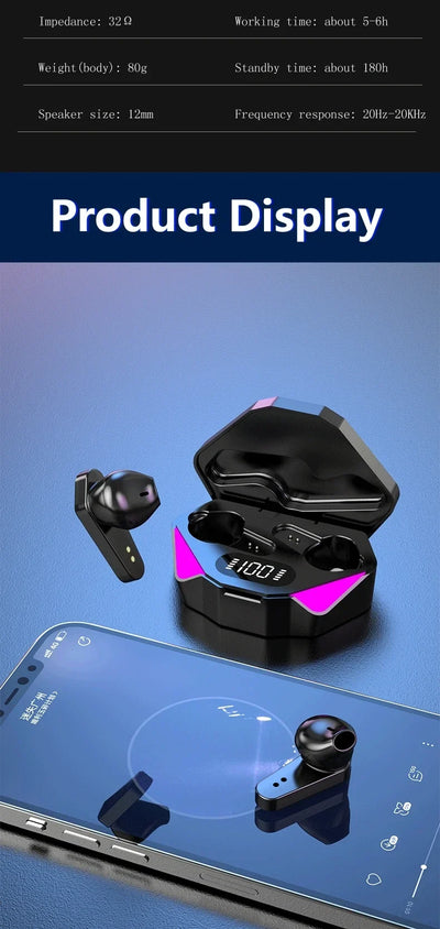 TWS Wireless Bluetooth Headphone with charging case displayed on smartphone, showcasing low latency features.