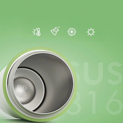 Interior view of GIANXI stainless steel insulated water bottle showing SUS 316 material and thermal performance icons.