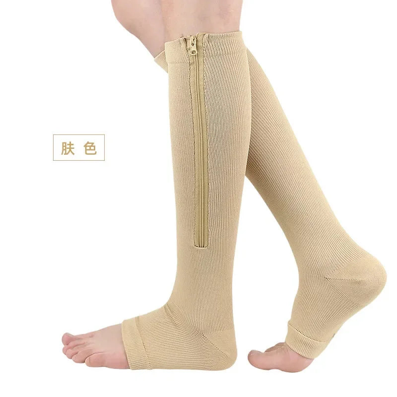 Medical zipper compression socks for men and women, high elasticity, closed toe design, ideal for edema and varicose veins.