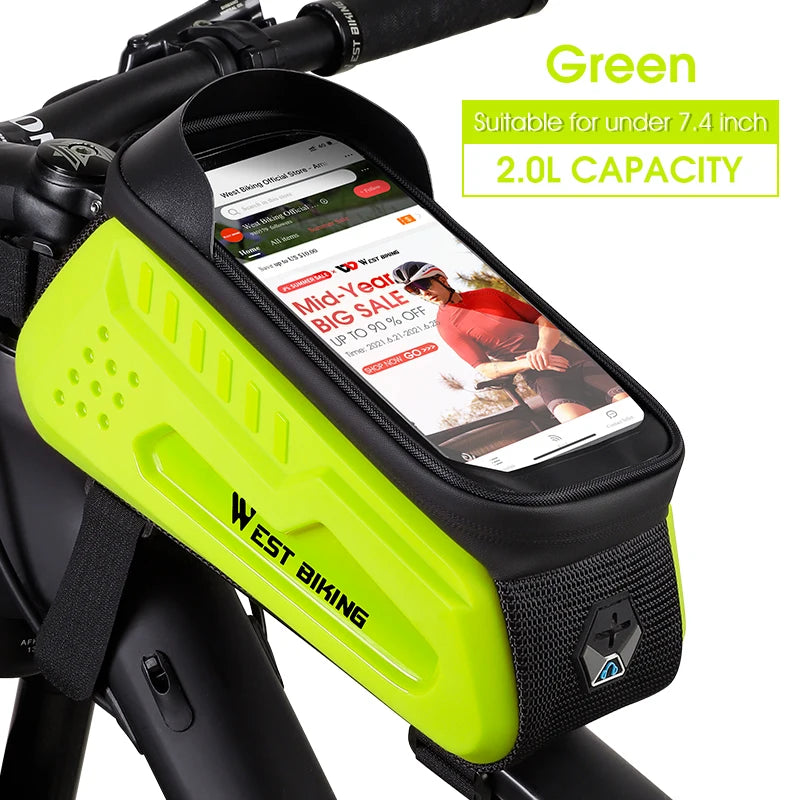 West Biking 7" bike phone bag in green, waterproof with touch screen, fits devices under 7.4 inches, 2.0L capacity.