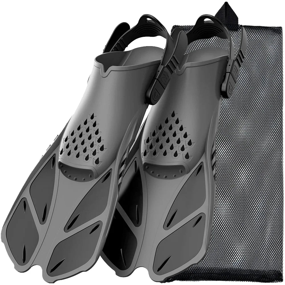 Adjustable snorkel fins with open heel design, silicone material, ideal for scuba diving and swimming, travel-friendly size.