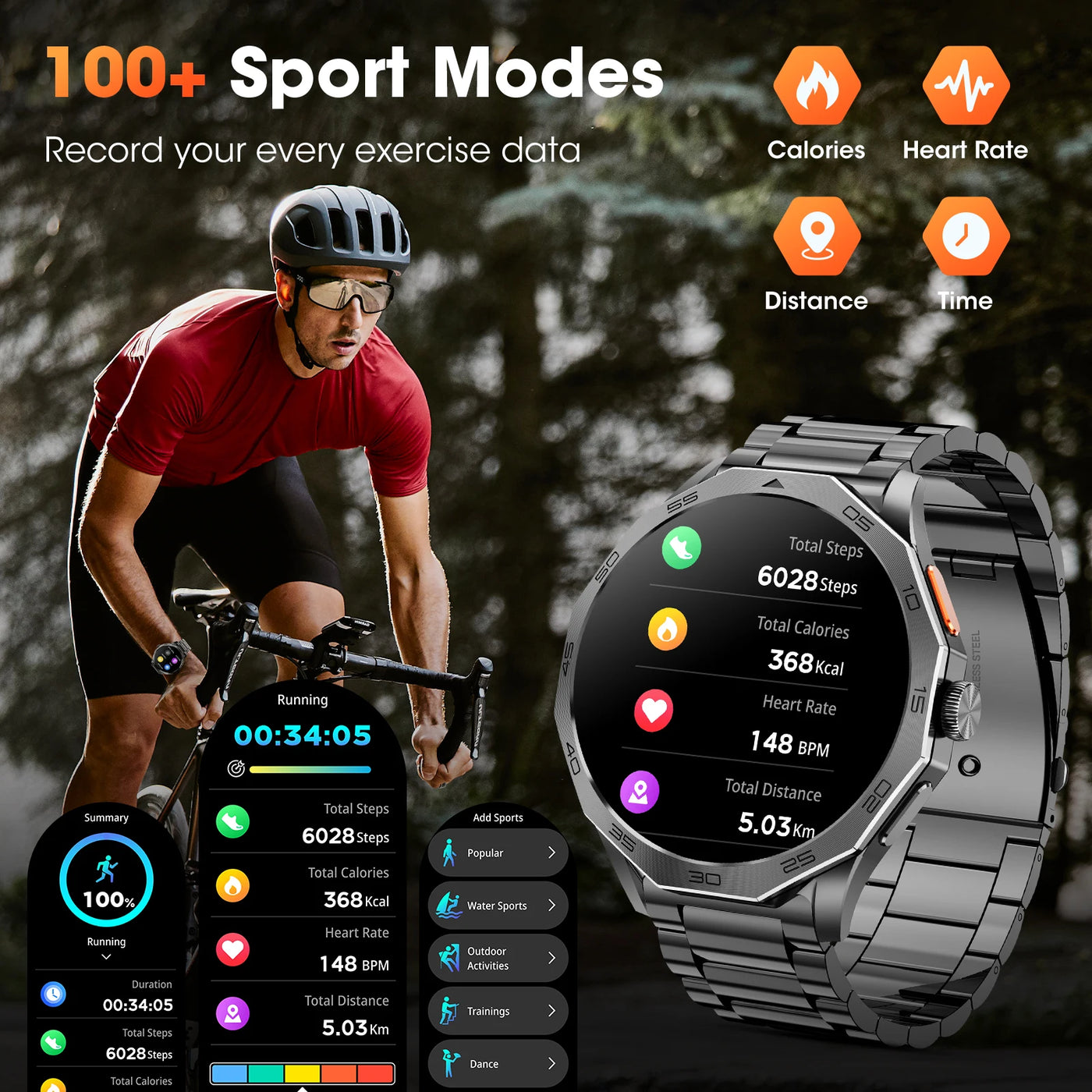 Ultra-resistant smartwatch displaying 100+ sport modes, tracking calories, heart rate, and distance during exercise.
