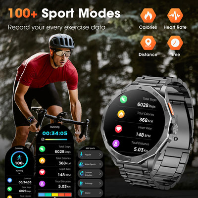Ultra-resistant smartwatch displaying 100+ sport modes, tracking calories, heart rate, and distance during exercise.