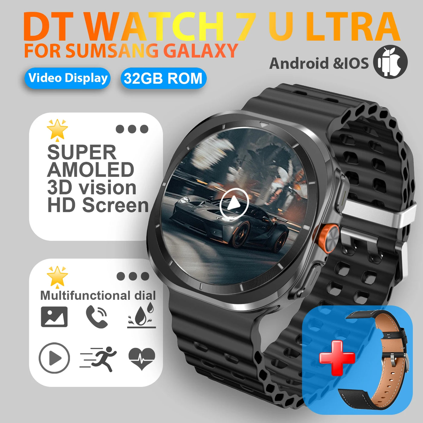 DT Watch 7 Ultra smartwatch featuring Super AMOLED 3D display, 32GB ROM, compatible with Android and iOS.