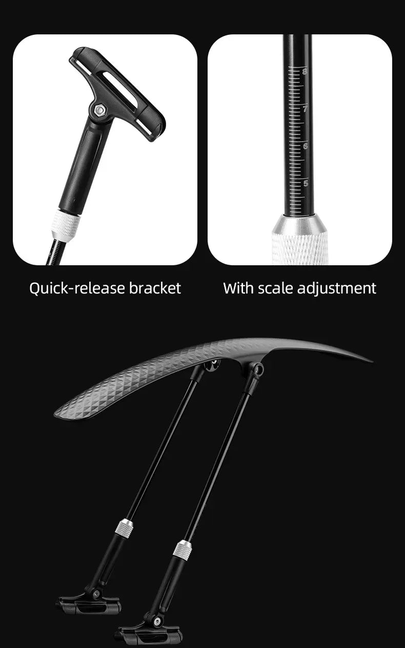 Bicycle mudguard with quick-release bracket and scale adjustment for optimal fit and performance on road bikes.