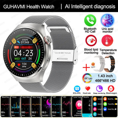 Guhavmi Health Watch with AI diagnosis, Bluetooth HD call, temperature detection, and activity tracking features.