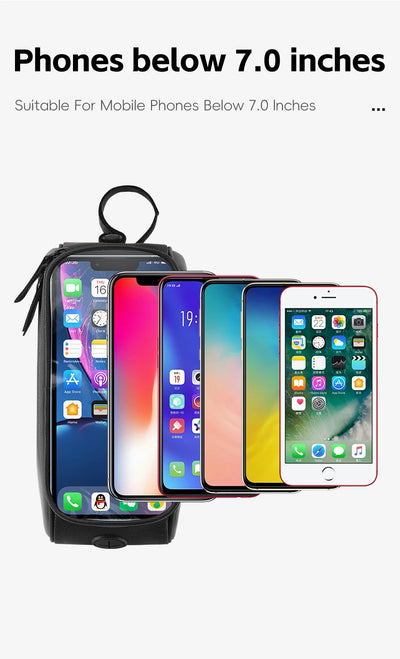 Waterproof bike phone bag fitting mobile phones under 7 inches, showcasing multiple phone models for size reference.