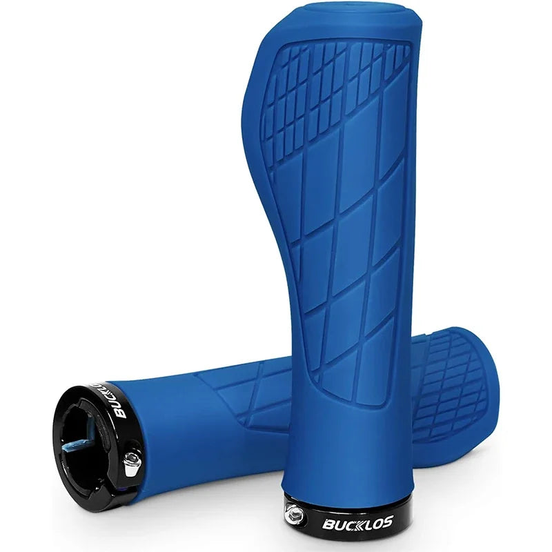 BUCKLOS blue ergonomic lock-on bike handlebar grips made of soft rubber, designed for 22.2MM handlebars.