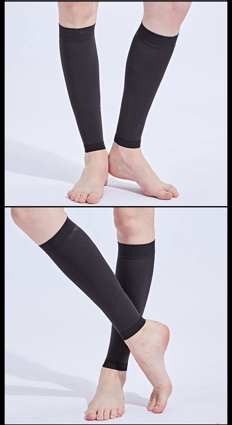Footless calf compression sleeves in black, designed for support and comfort for varicose veins and edema.