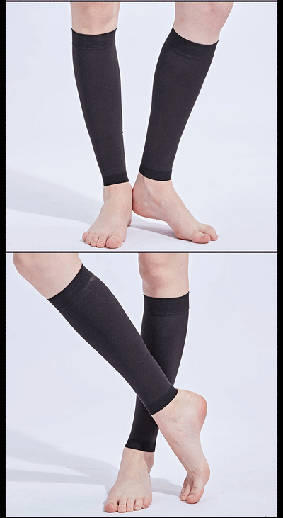 Footless calf compression sleeves in black, designed for support and comfort for varicose veins and edema.