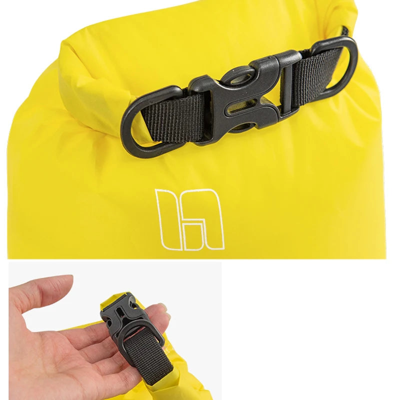 Close-up of yellow waterproof dry bag with buckle, showcasing its ultralight design for drifting and swimming clothes storage.