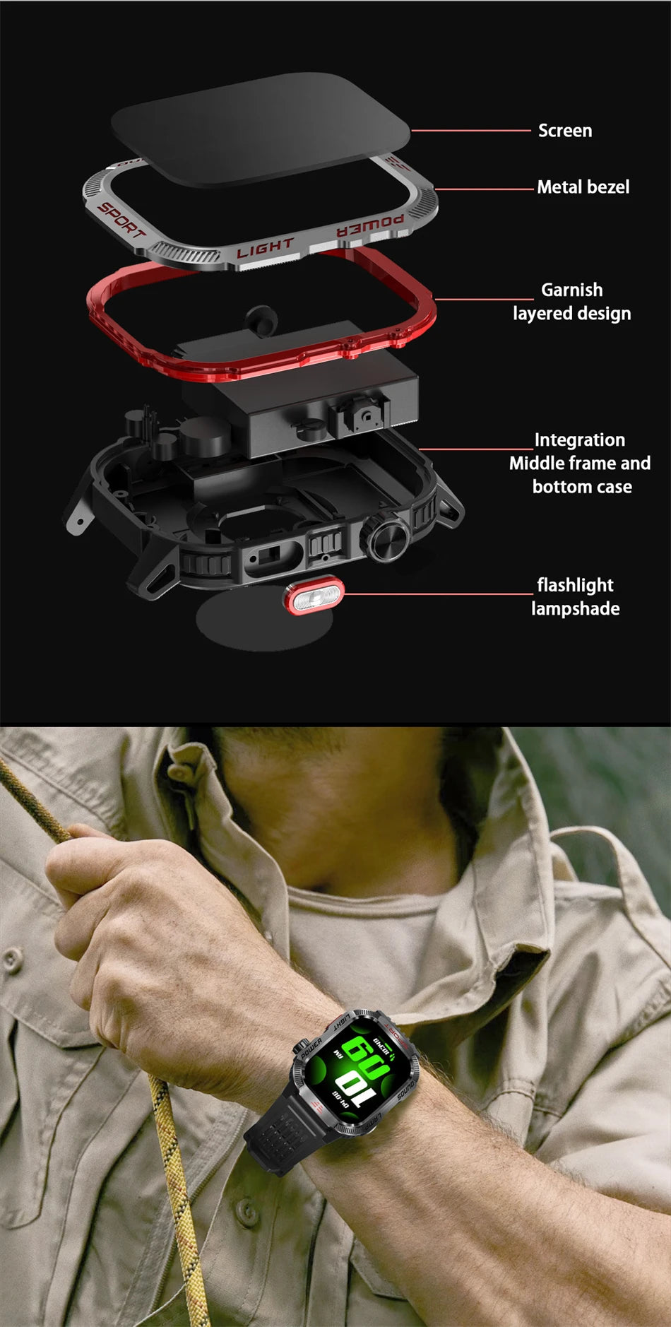 Exploded view of waterproof military GPS smartwatch with LED screen and flashlight, worn by an adult outdoors.