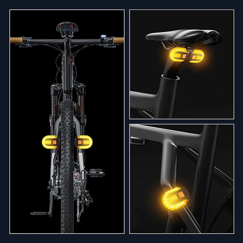 Wireless bike turn signal light with LED indicators mounted on seatpost for enhanced visibility and safety.