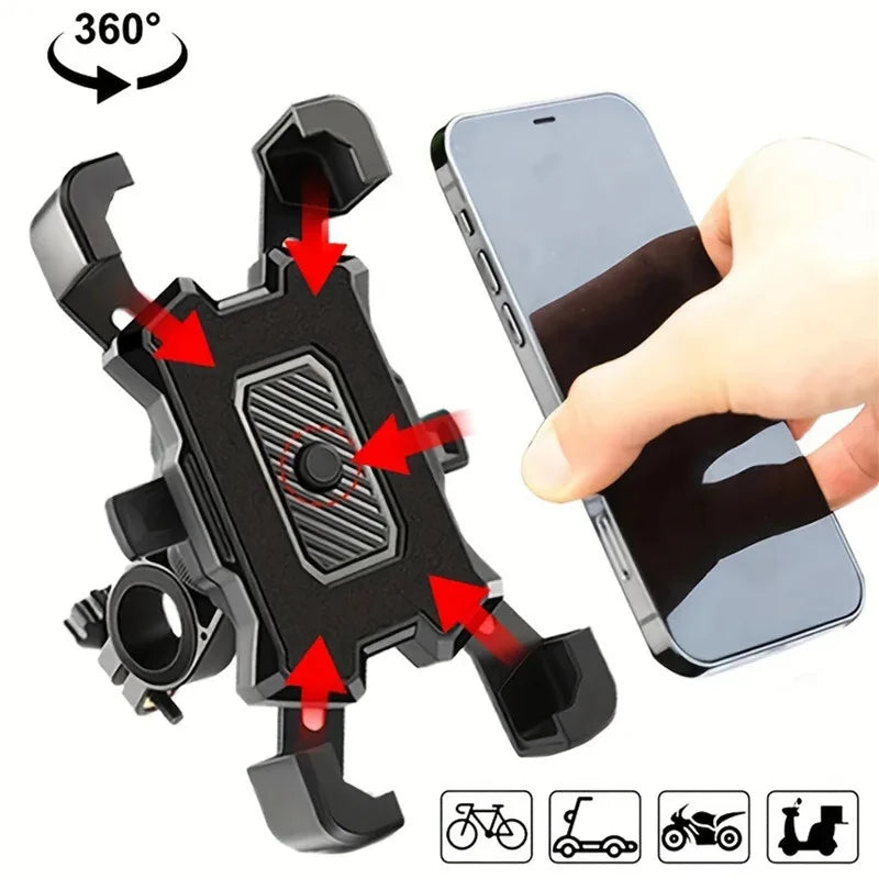 360° rotatable bicycle phone holder with adjustable mount for bikes and motorcycles, showing smartphone in hand.